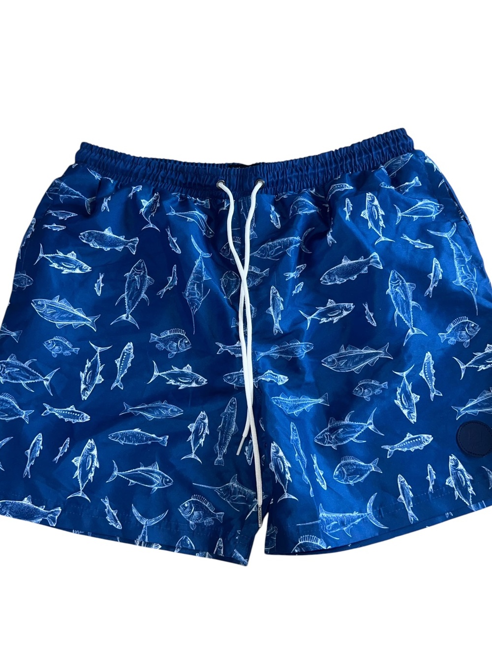 Men's Blue Fish-Print Hybrid Swim Shorts with Drawstring
